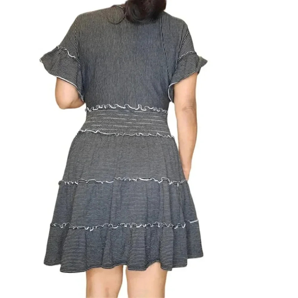 Max Studio New Smocked Waist Tiered Dress Black and White - Picture 3 of 5